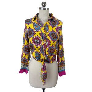 Haute Hippie Button Down Shirt Womens Small Yellow Long Sleeve Artsy Boho Mod